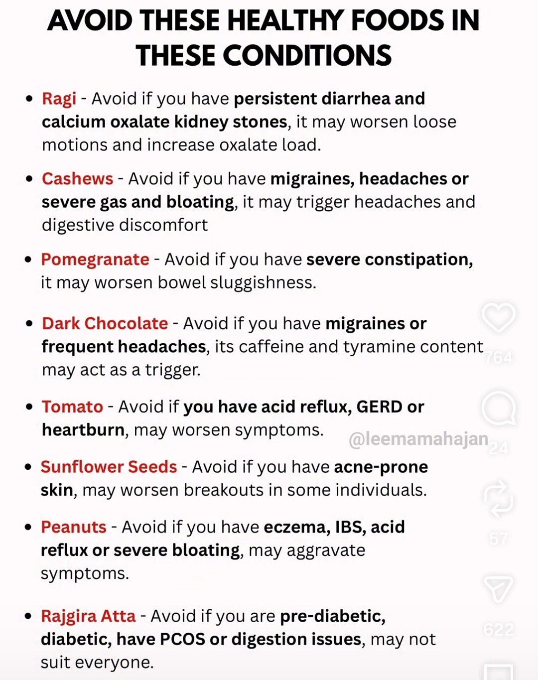 Instagram graphic titled Avoid These Healthy Foods in These Conditions, listing eight food-and-condition pairings with brief explanations.